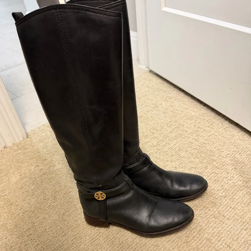 Tory Burch Black Leather Over-the-Knee Boots with Gold Logo